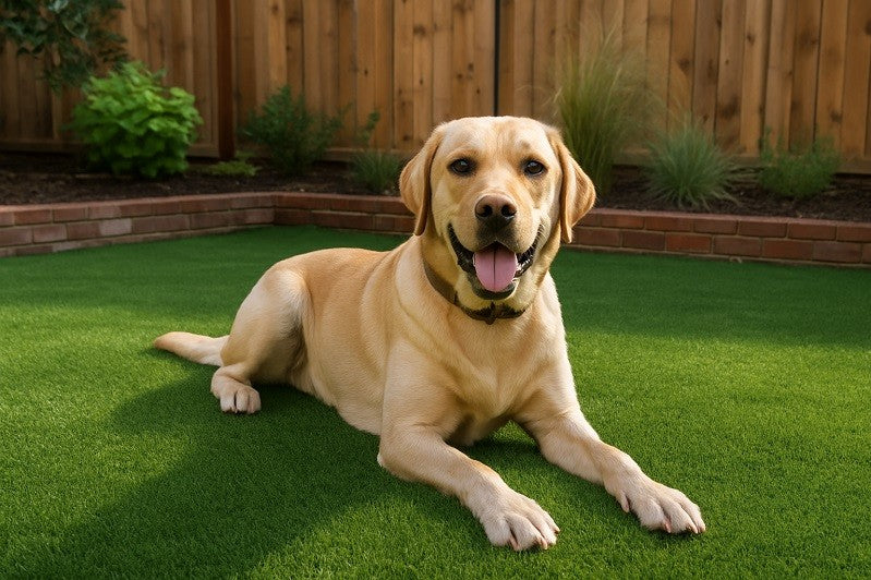 Dog on artificial grass lawn
