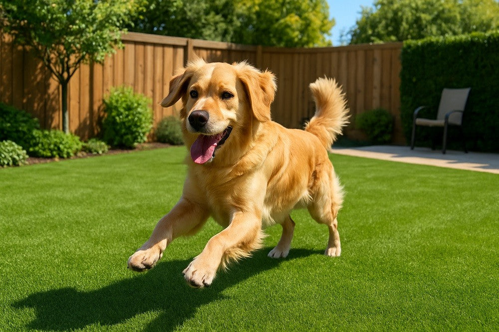 happy dog on artificial grass